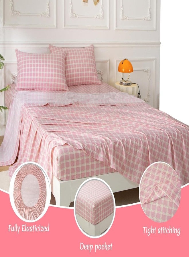 SDY 7PCS Pink and White Plaid Bedding Set Full Size, Washed Microfiber Pink Gingham Bedding Set with Comforter, Flat Sheet, Fitted Sheet and Pillowcases & Shams for Kids Boys Girls - Image 3