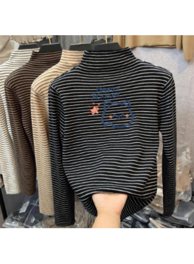 Boys And Girls German Velvet Inner Layering Shirt Autumn And Winter Medium And Large Kidsren's Half Turtleneck Long-sleeved T-shirt Stripesd Cartoon Top