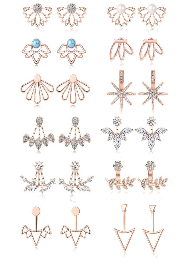Tornito 12 Pairs Lotus Flower Earring Studs Chic CZ Earrings Jackets For Women Rose Gold Tone - Image 1