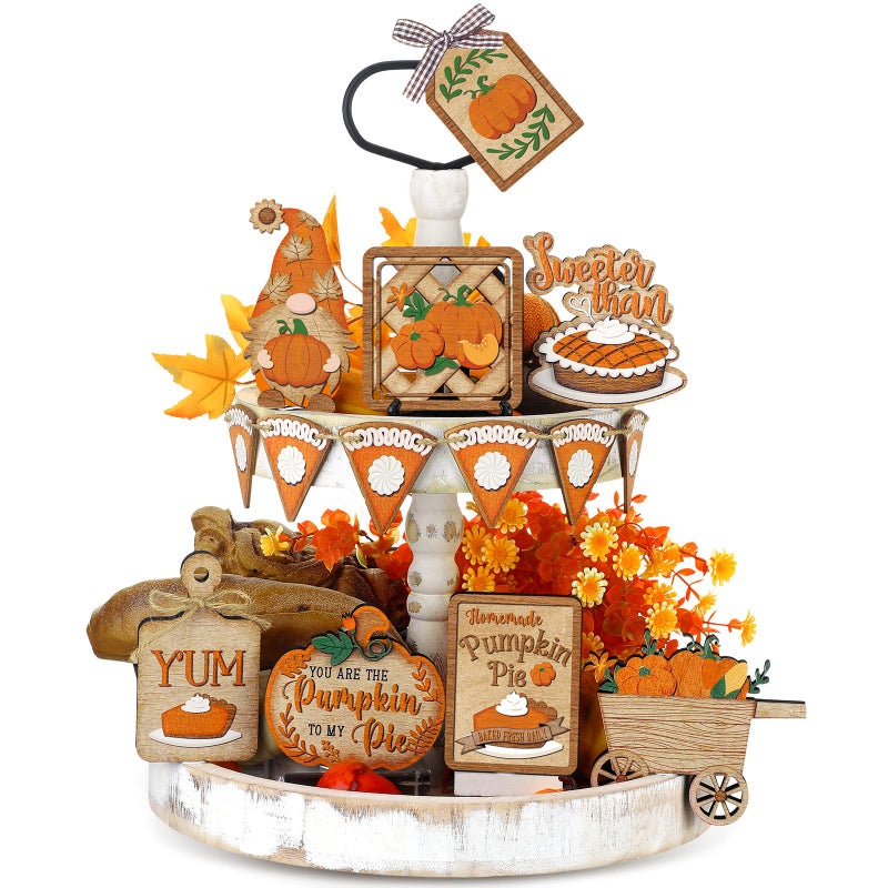 BBTO Set of 15 Thanksgiving Fall Tiered Tray Decor Pumpkins Farmhouse Decor Autumn Maple Leaf Table Centerpieces Harvest Wood Blocks Signs for HomeStylish Style - Image 2