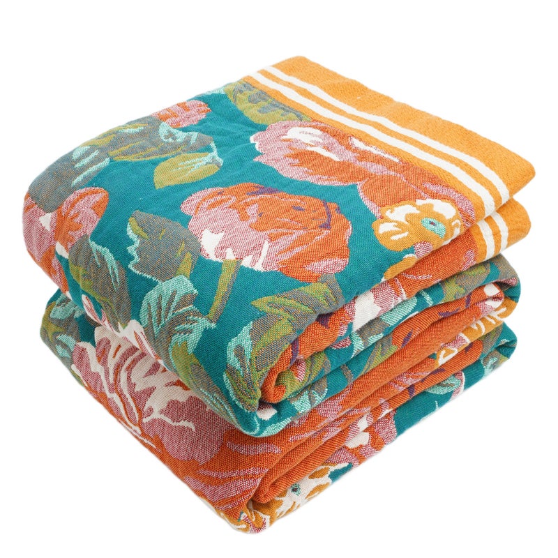 VANJOROY Boho Throw Blanket 100 Organic Cotton Breathable Ultra Soft 80 x 90 Bed Quilt Throw All Season Floral Rustic Farmhouse Decor Luxury Reversible Blanket for Sofa Couch Chair and Gift