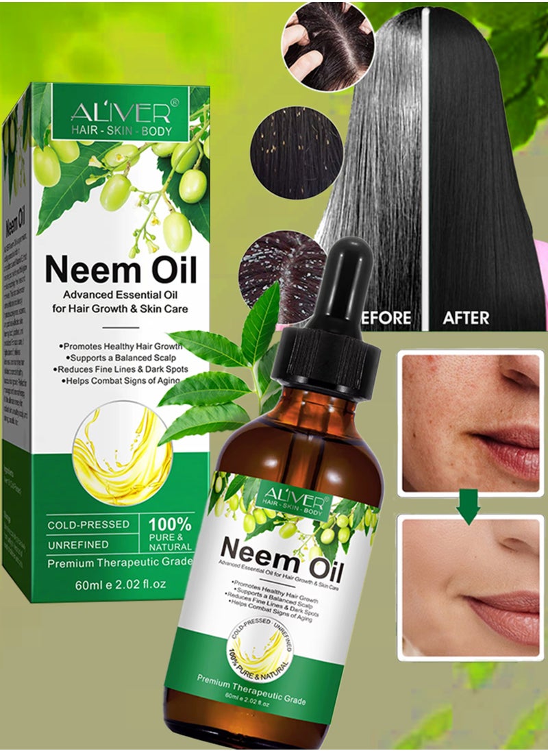 ALIVER - 60ml Neem Oil for Hair Growth and Skin Care Pure Cold Pressed Organic Neem Oil for Hair Skin Nails promote Healthy Hair Growth Reduce Fine Lines Dark Spots Anti Aging Essential Serum - Image 1