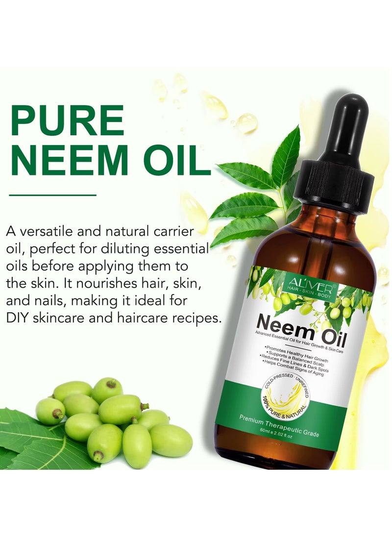 ALIVER - 60ml Neem Oil for Hair Growth and Skin Care Pure Cold Pressed Organic Neem Oil for Hair Skin Nails promote Healthy Hair Growth Reduce Fine Lines Dark Spots Anti Aging Essential Serum - Image 1
