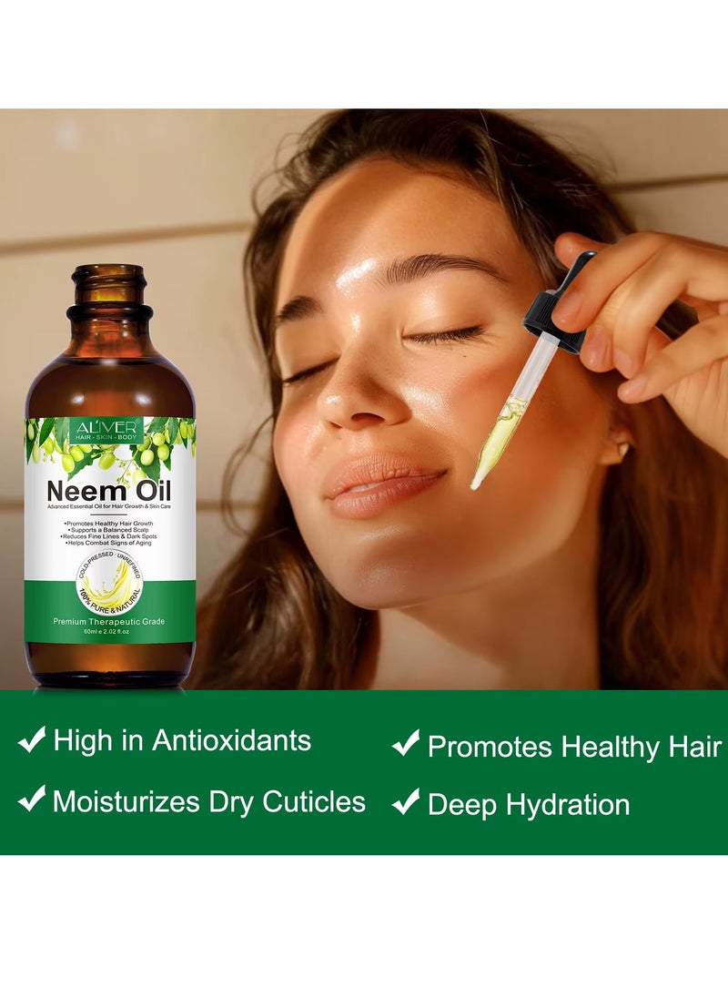 ALIVER - 60ml Neem Oil for Hair Growth and Skin Care Pure Cold Pressed Organic Neem Oil for Hair Skin Nails promote Healthy Hair Growth Reduce Fine Lines Dark Spots Anti Aging Essential Serum - Image 1