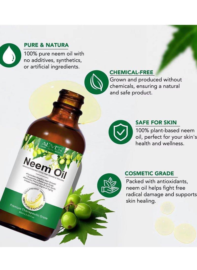 ALIVER - 60ml Neem Oil for Hair Growth and Skin Care Pure Cold Pressed Organic Neem Oil for Hair Skin Nails promote Healthy Hair Growth Reduce Fine Lines Dark Spots Anti Aging Essential Serum - Image 1