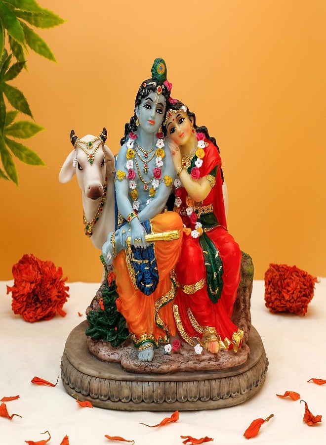 BangBangDa Hindu Murti Radha Krishna Statue – 6.6”H Polystone Indian God Radha Krishna Idol with Cow for Birthday Diwali Housewarming Valentine Gifts for Indian Couple Man Woman Altar Pooja Item - Image 1