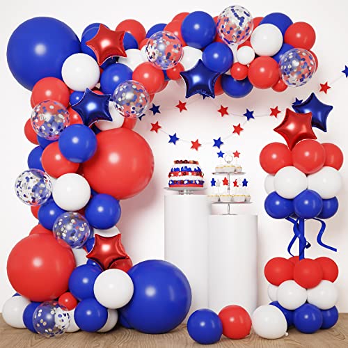 RUBFAC 160pcs Red White and Blue Balloons Garland Arch Kit, 4th of July Balloons Patriotic Decorations, Birthday Wedding Nautical Patriotic Baseball Theme with Star Foil Balloons Decorations - Image 1