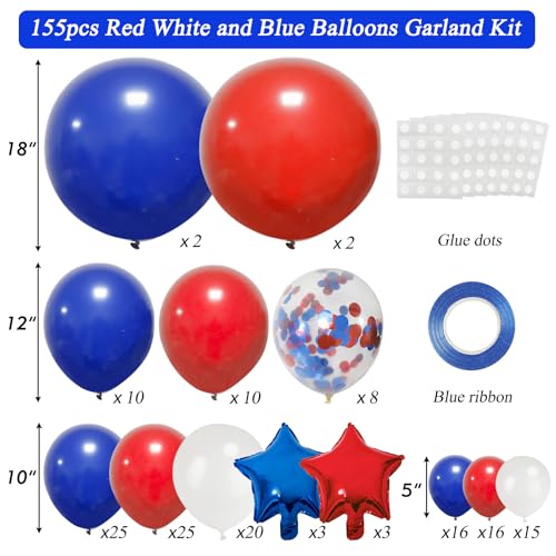 RUBFAC 160pcs Red White and Blue Balloons Garland Arch Kit, 4th of July Balloons Patriotic Decorations, Birthday Wedding Nautical Patriotic Baseball Theme with Star Foil Balloons Decorations - Image 2