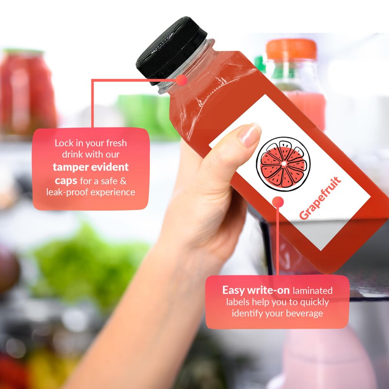 Reli. Plastic Juice Bottles [15 Pack] [12 oz] Square Plastic Juice Bottles with Caps & Sticker Labels | Clear, Empty for Juicing 12oz | Disposable, Reusable Containers for Juicing, Smoothies - Image 4