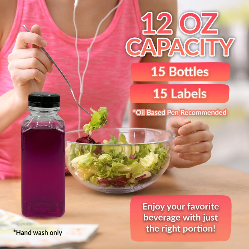 Reli. Plastic Juice Bottles [15 Pack] [12 oz] Square Plastic Juice Bottles with Caps & Sticker Labels | Clear, Empty for Juicing 12oz | Disposable, Reusable Containers for Juicing, Smoothies - Image 2