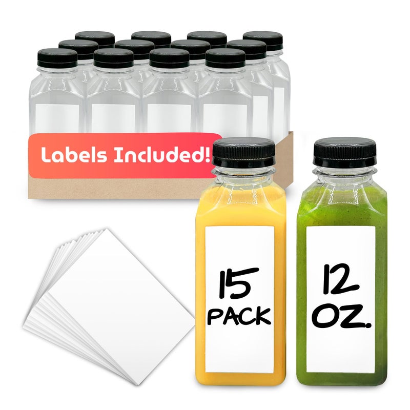 Reli. Plastic Juice Bottles [15 Pack] [12 oz] Square Plastic Juice Bottles with Caps & Sticker Labels | Clear, Empty for Juicing 12oz | Disposable, Reusable Containers for Juicing, Smoothies - Image 1