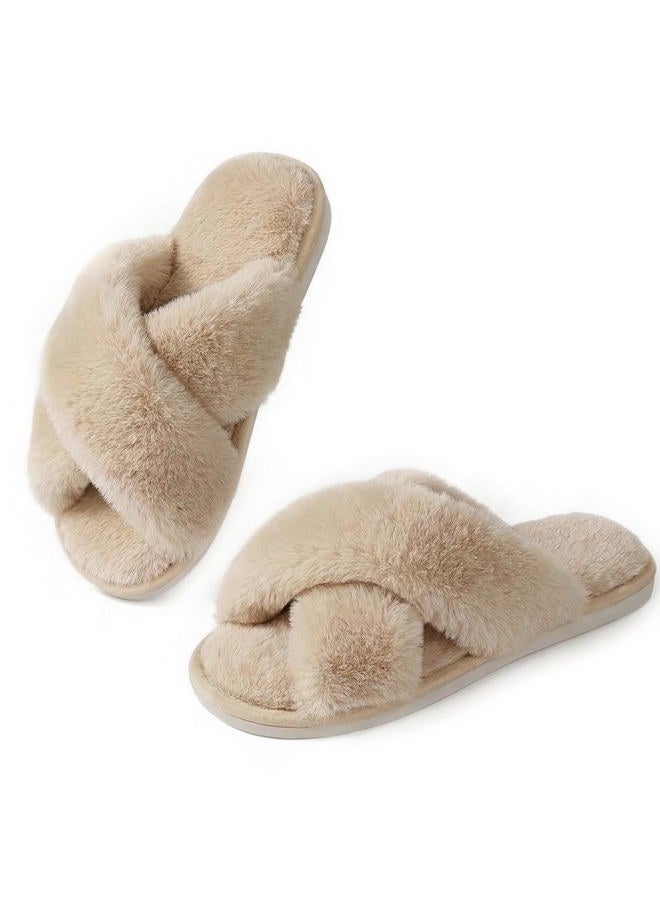 Ankis Womens Fuzzy Fluffy House Slippers - Cross Band Cozy Memory Foam Slippers Plush Home Slippers Fluffy Furry Open Toe House Shoes Indoor Outdoor Slide Slipper, Camel, 9-10 - Image 1