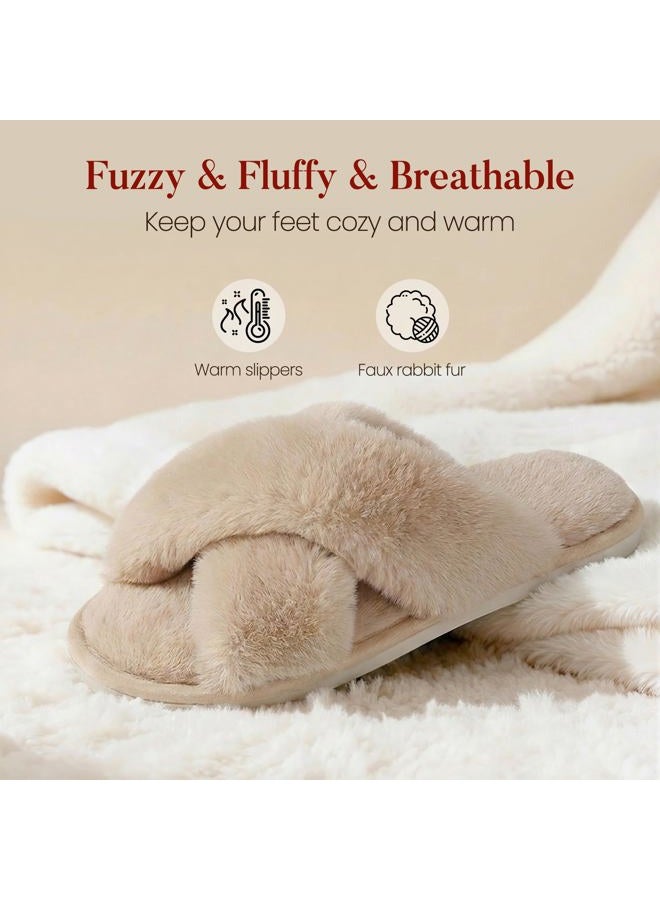 Ankis Womens Fuzzy Fluffy House Slippers - Cross Band Cozy Memory Foam Slippers Plush Home Slippers Fluffy Furry Open Toe House Shoes Indoor Outdoor Slide Slipper, Camel, 9-10 - Image 3