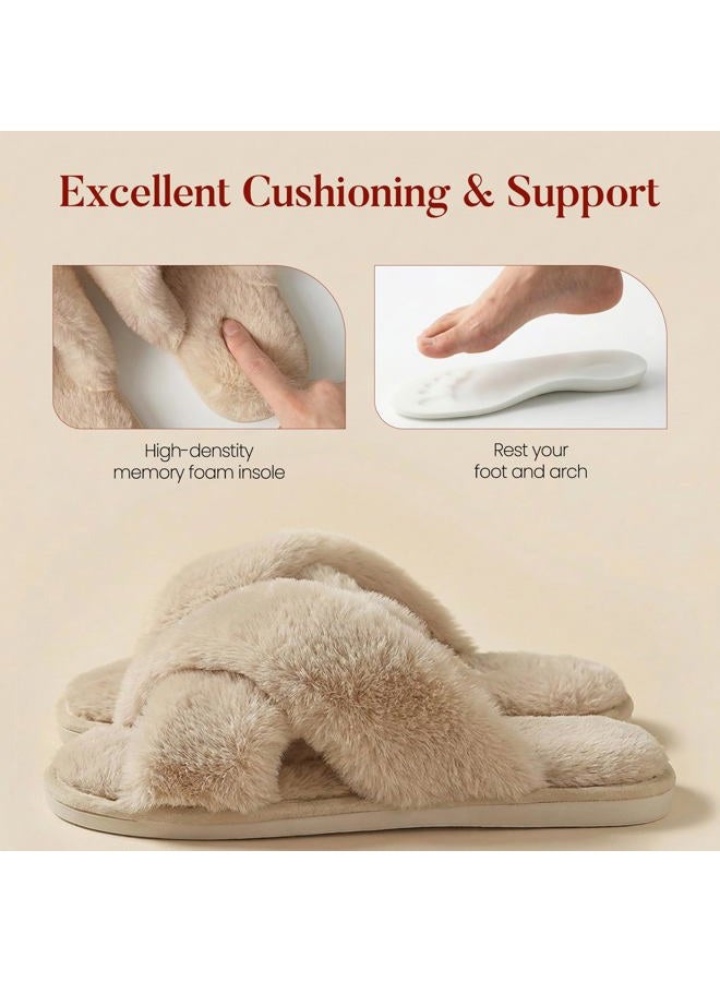Ankis Womens Fuzzy Fluffy House Slippers - Cross Band Cozy Memory Foam Slippers Plush Home Slippers Fluffy Furry Open Toe House Shoes Indoor Outdoor Slide Slipper, Camel, 9-10 - Image 4