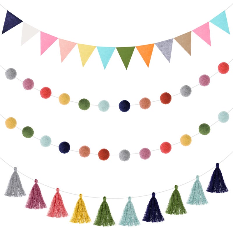 98 Feet Pom Pom Garland Felt Fabric Garland Set Colorful Tassel Banner 36 Feet Felt Pennant Banner for Classroom School Fireplace Birthday PartyBright Color