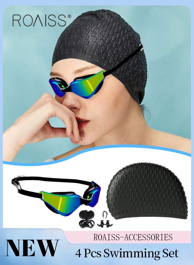 roaiss 4 Pcs Adult Swim Goggle Set, Racing Anti-fog Swimming Goggles, Indoor and Outdoor Swimming Equipment with Goggle, Swimming Cap, Nose Clip and Earplugs  - Image 1