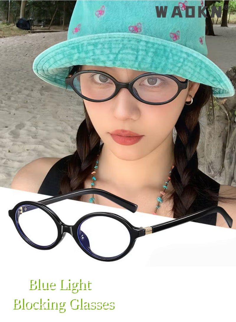 WAOKN Retro Oval Blue Light Blocking Glasses, Black Frame Non-Prescription Computer Eyeglasses,Reduces Screen Eye Fatigue & Dryness， Flattering For No-Makeup Looks，Suitable For Commute & Casual Wear，Anti Eyestrain UV Protection Glasses for Gaming Reading Office Daily Wear, - Image 2