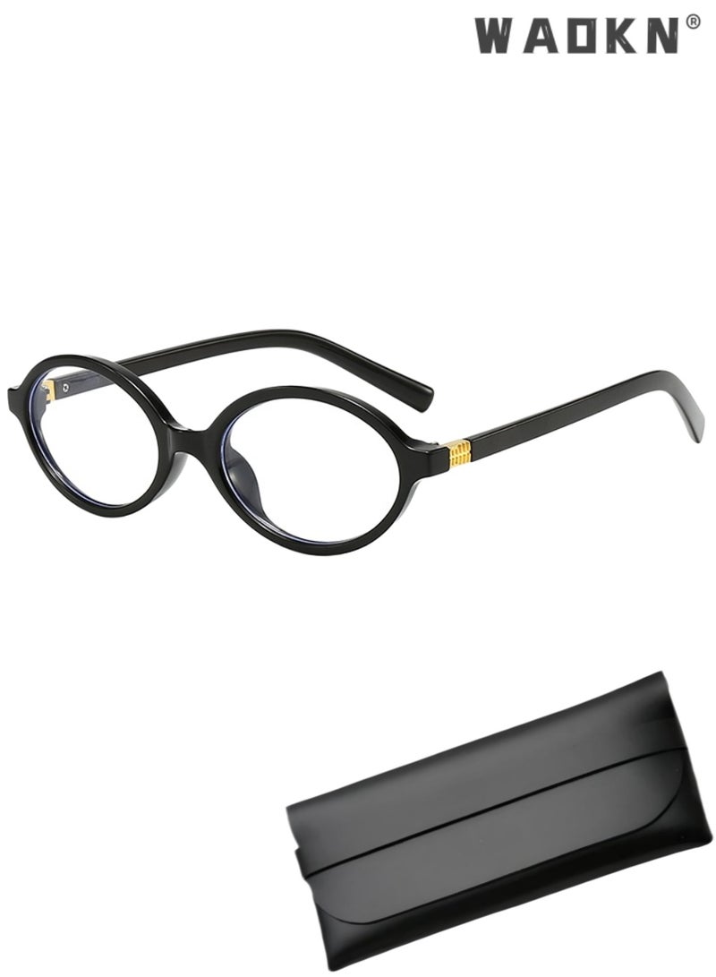 WAOKN Retro Oval Blue Light Blocking Glasses, Black Frame Non-Prescription Computer Eyeglasses,Reduces Screen Eye Fatigue & Dryness， Flattering For No-Makeup Looks，Suitable For Commute & Casual Wear，Anti Eyestrain UV Protection Glasses for Gaming Reading Office Daily Wear, - Image 1