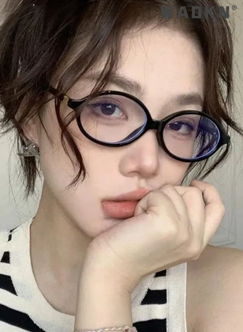 WAOKN Retro Oval Blue Light Blocking Glasses, Black Frame Non-Prescription Computer Eyeglasses,Reduces Screen Eye Fatigue & Dryness， Flattering For No-Makeup Looks，Suitable For Commute & Casual Wear，Anti Eyestrain UV Protection Glasses for Gaming Reading Office Daily Wear, - Image 3
