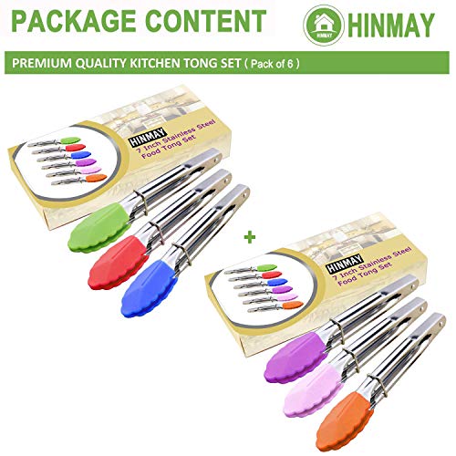 HINMAY Small Tongs with Silicone Tips 7-Inch Mini Serving Tongs, Set of 6 (Green Red Blue Purple Pink Orange) - Image 2