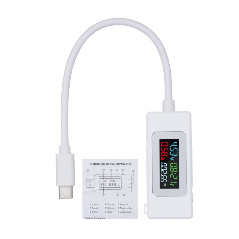 USB Power Meter: White LCD Display Compact Size - Button Control Power Failure Memory for USB Charging Detection & Fast Charging Protocol Testing - Image 1
