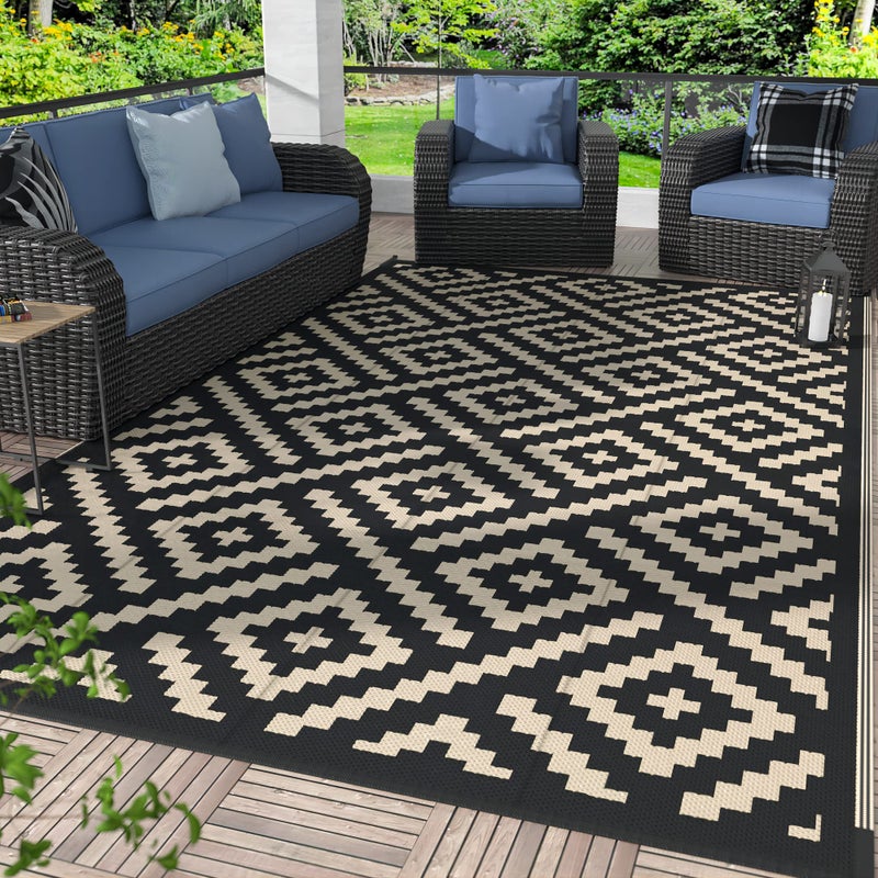 GENIMO Outdoor Rug for Patio Clearance,9'x12' Waterproof Large Mat,Reversible Plastic Camping Rugs,Rv,Porch,Deck,Camper,Balcony,Backyard (Black & Beige) - Image 1