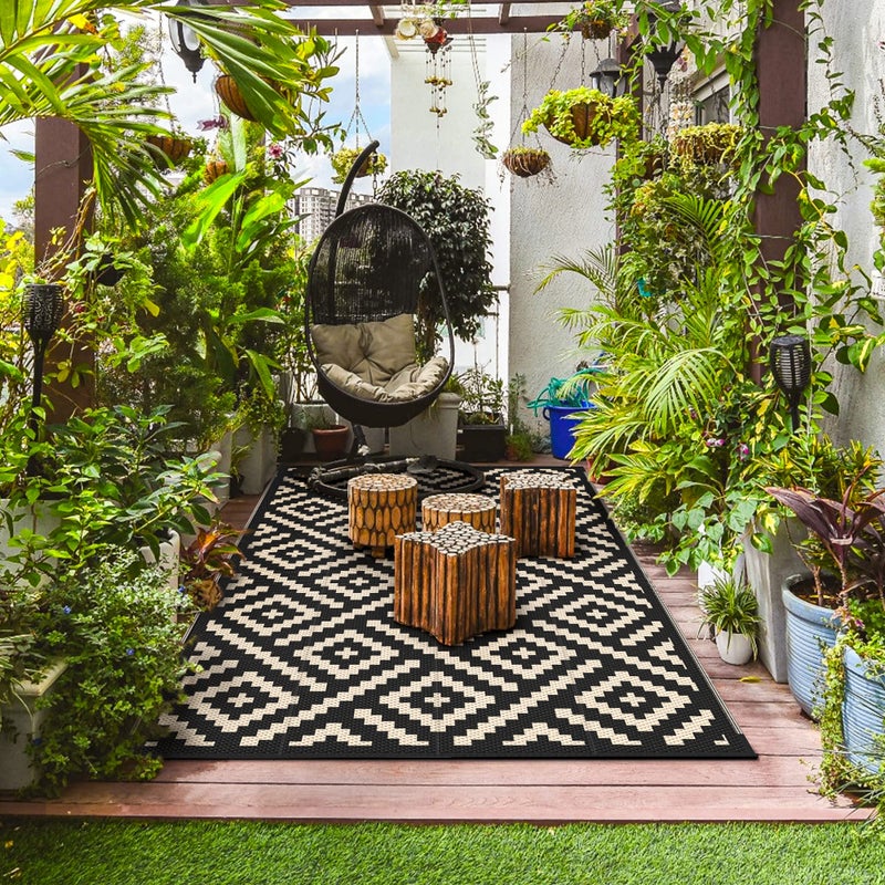 GENIMO Outdoor Rug for Patio Clearance,9'x12' Waterproof Large Mat,Reversible Plastic Camping Rugs,Rv,Porch,Deck,Camper,Balcony,Backyard (Black & Beige) - Image 3