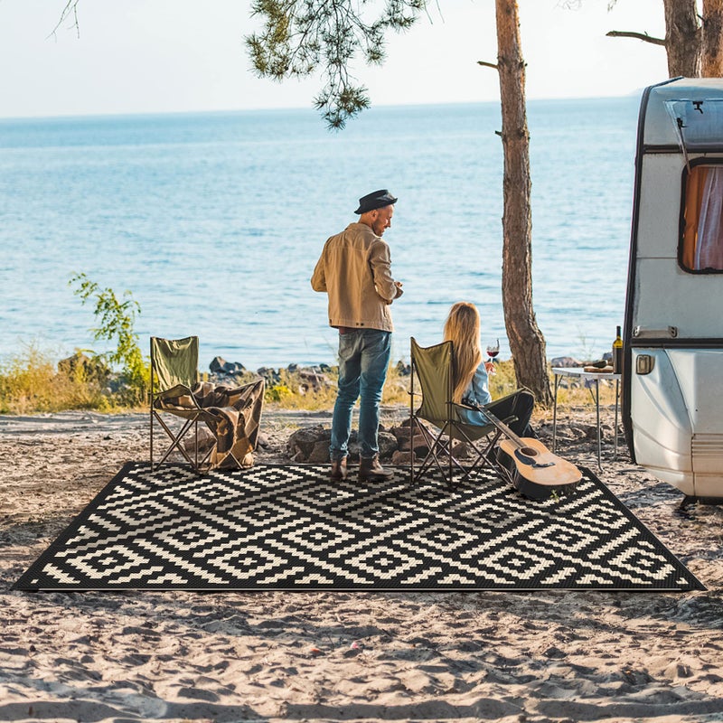 GENIMO Outdoor Rug for Patio Clearance,9'x12' Waterproof Large Mat,Reversible Plastic Camping Rugs,Rv,Porch,Deck,Camper,Balcony,Backyard (Black & Beige) - Image 2