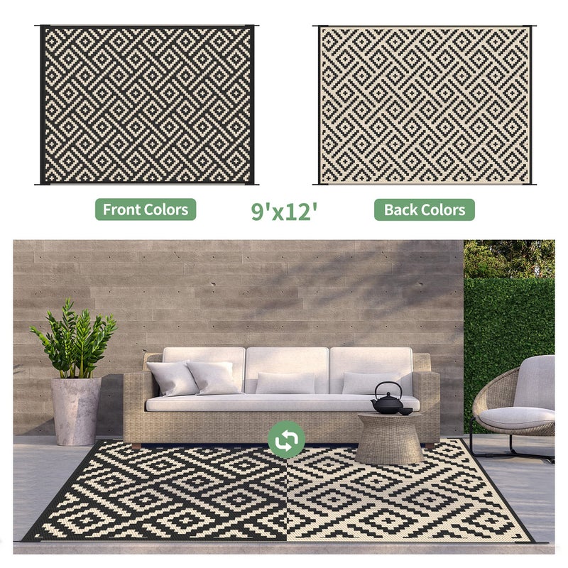 GENIMO Outdoor Rug for Patio Clearance,9'x12' Waterproof Large Mat,Reversible Plastic Camping Rugs,Rv,Porch,Deck,Camper,Balcony,Backyard (Black & Beige) - Image 4