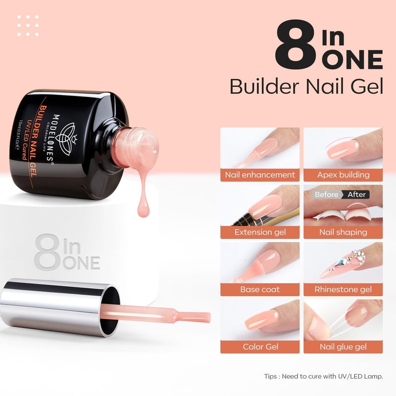 modelones Builder Nail Gel, 8-in-One Sheer Nude Pink Builder, Apricot Blush Pink Rubber Base for Nail Thickening Apex Building LED Lamp Cured Hard Strengthener Extend Color Gel Polish for DIY Salon - Image 2