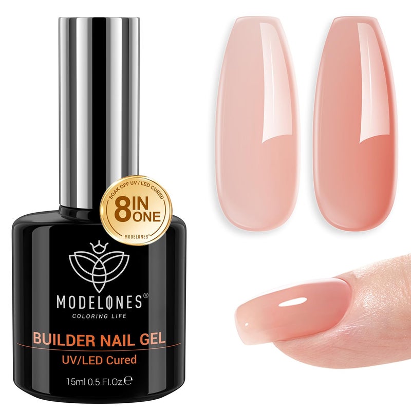 modelones Builder Nail Gel, 8-in-One Sheer Nude Pink Builder, Apricot Blush Pink Rubber Base for Nail Thickening Apex Building LED Lamp Cured Hard Strengthener Extend Color Gel Polish for DIY Salon - Image 1