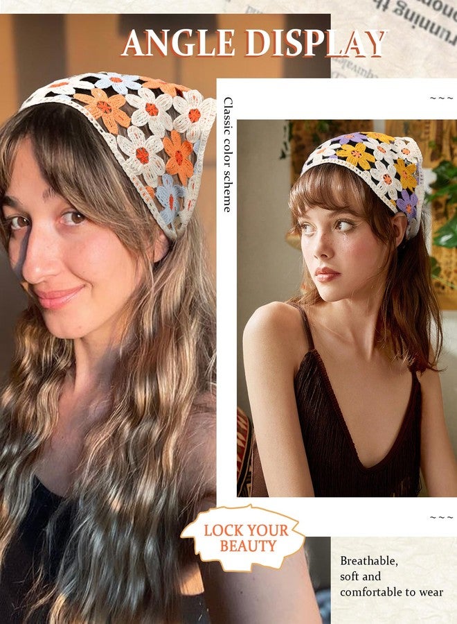 CHLINS 2 PCS Crochet Bandanas Floral Bandana Headband Tie Knitted Headscarf Hair Bandanas for Women Girls Head Kerchief (Flower (orange blue + purple yellow)) - Image 3