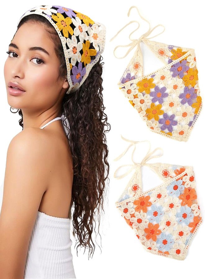 CHLINS 2 PCS Crochet Bandanas Floral Bandana Headband Tie Knitted Headscarf Hair Bandanas for Women Girls Head Kerchief (Flower (orange blue + purple yellow)) - Image 1