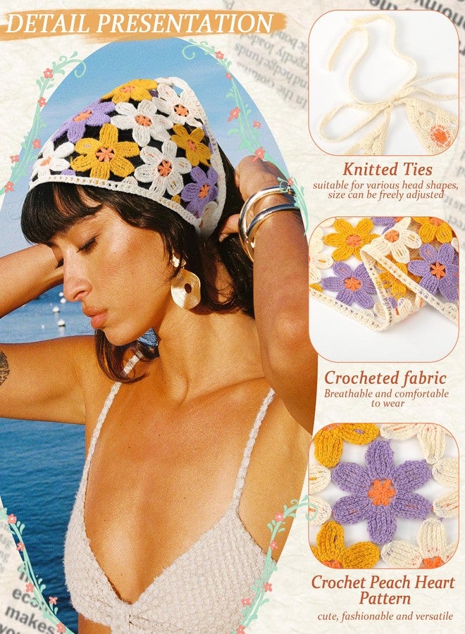 CHLINS 2 PCS Crochet Bandanas Floral Bandana Headband Tie Knitted Headscarf Hair Bandanas for Women Girls Head Kerchief (Flower (orange blue + purple yellow)) - Image 4