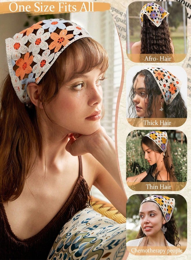 CHLINS 2 PCS Crochet Bandanas Floral Bandana Headband Tie Knitted Headscarf Hair Bandanas for Women Girls Head Kerchief (Flower (orange blue + purple yellow)) - Image 5