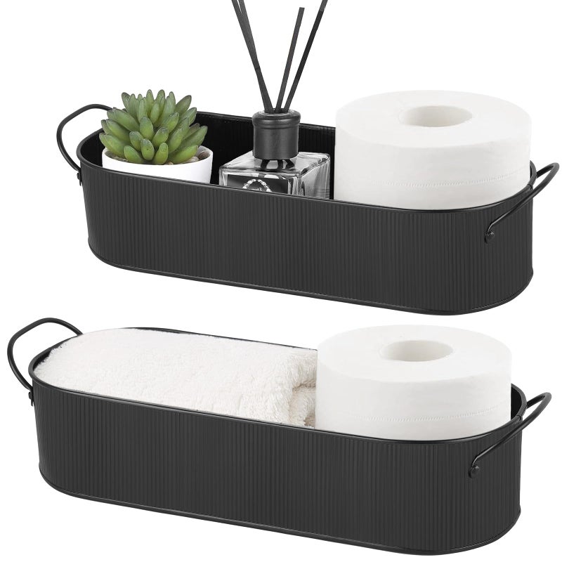 Mkono Metal Storage Basket for Toilet Tank Top Bathroom Decor, Galvanized Tray with Handle for Shelves, Farmhouse Toilet Paper Holder Organizing Bin Box for Countertop Living Room, Set of 2, Black - Image 1