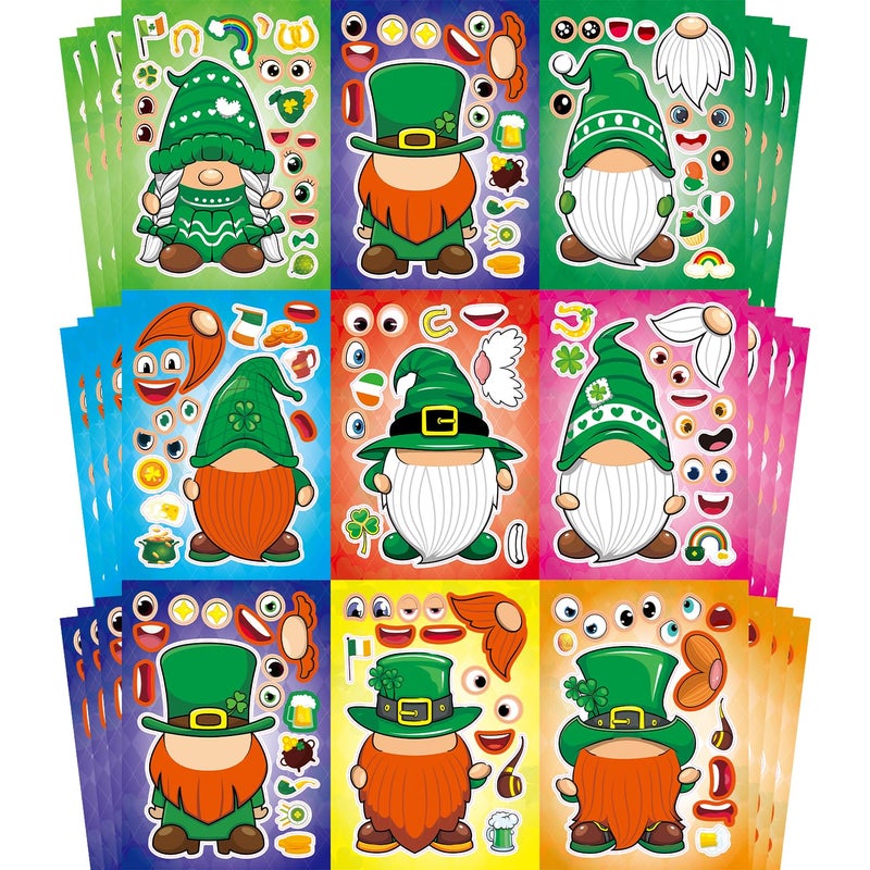 Aowplc 32 Sheets St Patricks Day Make A Face Stickers Saint Patricks Gnomes Crafts Stickers for Kids St.Patrick's Day Party Favors Supplies Classroom Gifts - Image 1