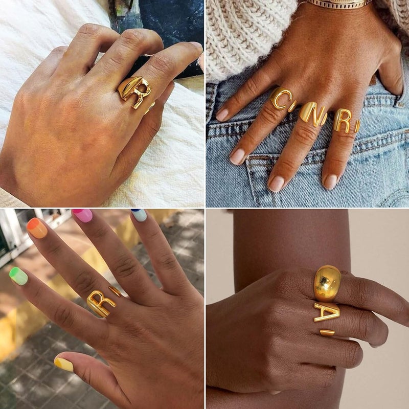 KeyStyle Bold Initial Letter Rings Adjustable, GoldChic Jewelry Women Gold Statement Ring Personalized Engraved Women’s Open Signet Ring for Party (Gold, White Gold, Black) - Image 3