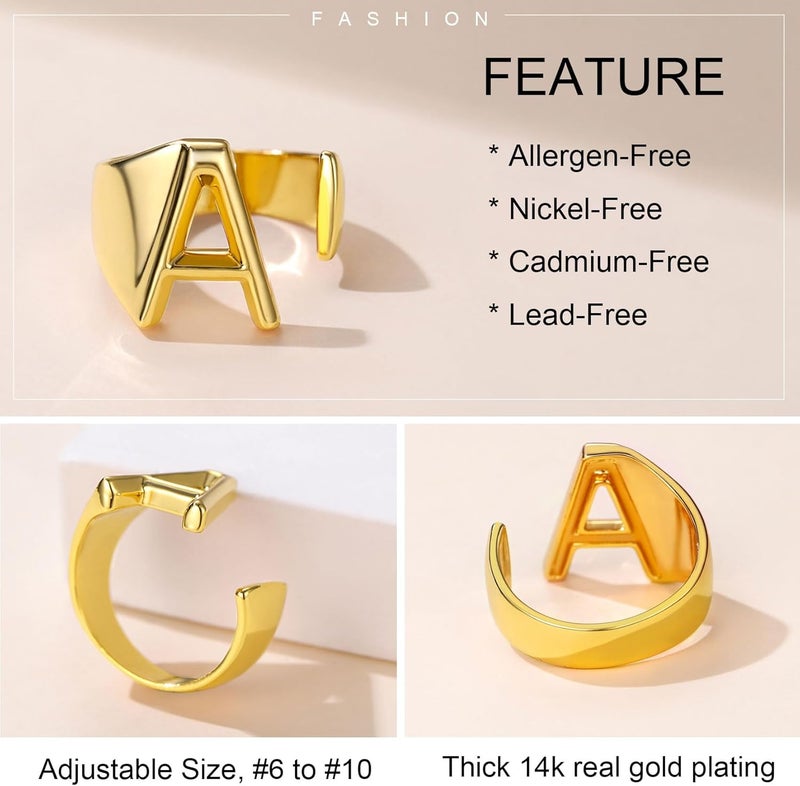 KeyStyle Bold Initial Letter Rings Adjustable, GoldChic Jewelry Women Gold Statement Ring Personalized Engraved Women’s Open Signet Ring for Party (Gold, White Gold, Black) - Image 5