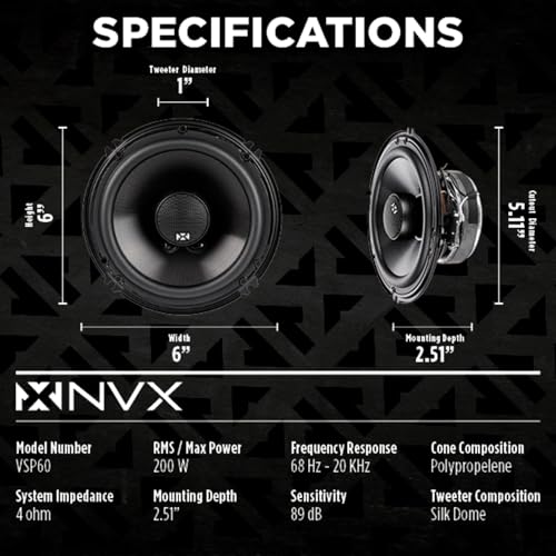 NVX® VSP60 6" Premium Car Speakers, 600W Max, 200W RMS, 2-Way 6 inch Coaxial w/ 1" Silk Dome Tweeters & Built-in X-Overs, Easy to Install in Cars/Trucks/Doors (Pair) - Image 3