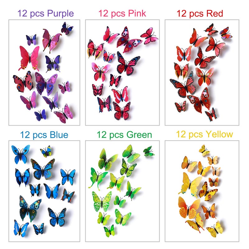 LiveGallery 72 PCS 6 Colors Removable 3D DIY Beautiful Butterfly Wall Decals Colorful Butterflies Art Decor Wall Stickers Murals for Kids Baby Boy Girls Bedroom Classroom Offices TV Background - Image 1
