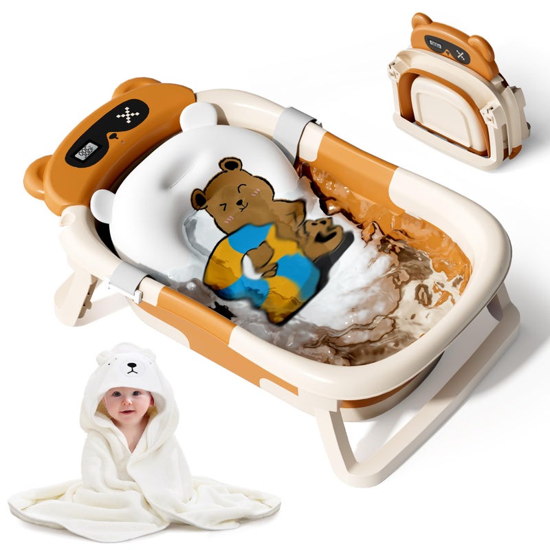 Kerbwry Collapsible Baby Bathtub for Newborn to Toddler (0-18 Months) - Foldable Baby Bath Tub with Soft Towel, Newborn& Infant Bathtub for Travel and Outdoor, Brown - Image 1