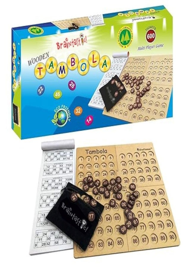 Braintastic Wooden Tambola/Housie Board Game with 600 Different Tickets,1-90 Coins, Fixing Checking Board and Cloth Pouch to Keep Your Coins Safe - Image 1