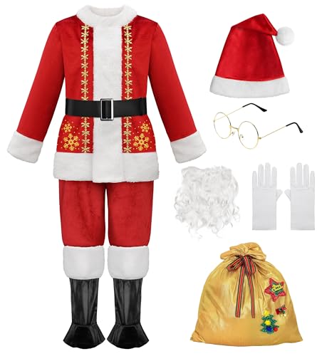 ReliBeauty Kids Santa Costume 9 PCS Deluxe Toddler Boy Velvet Christmas Outfit for Halloween Cosplay 120 - Image 1