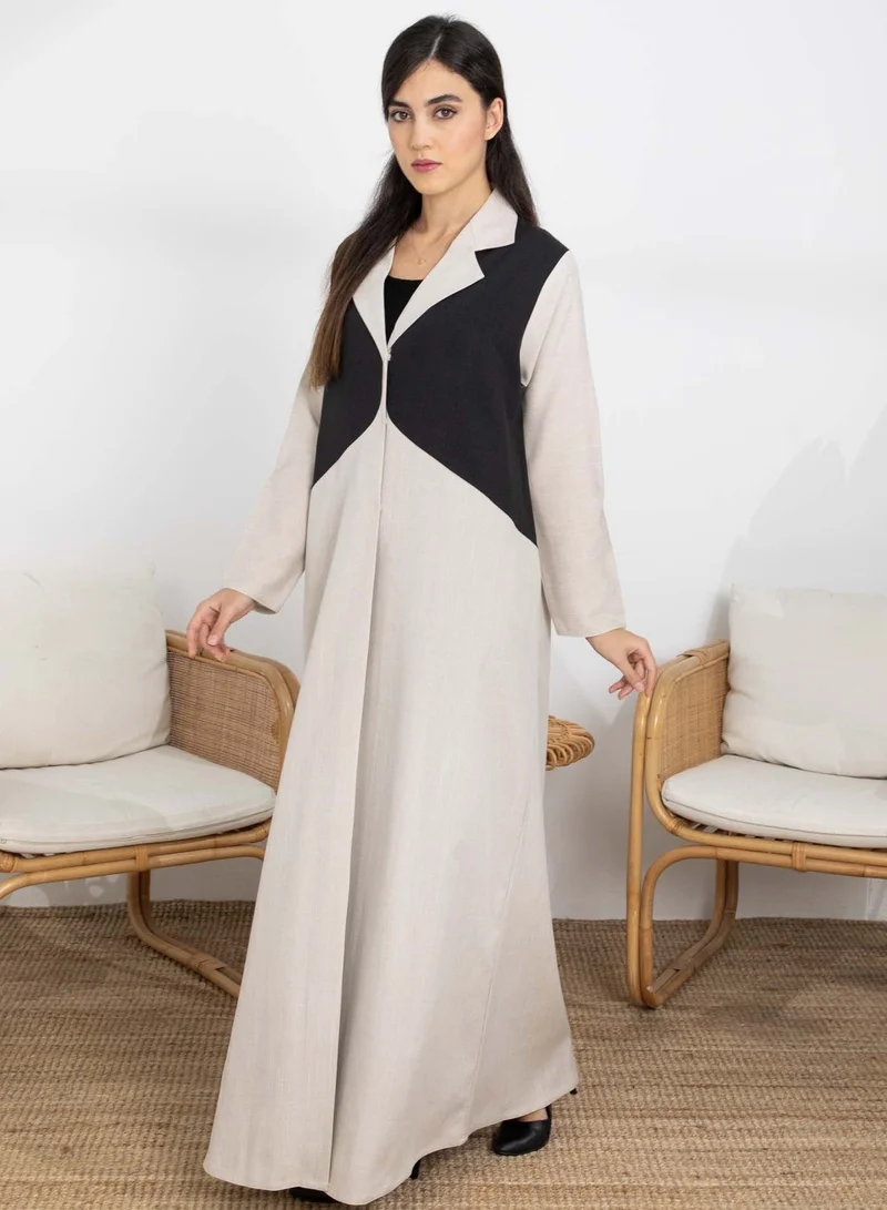 MSquare Fashion Msquare Fashion Beige Blocked Lapel Collar Melange Women's Abaya with Headscarf
