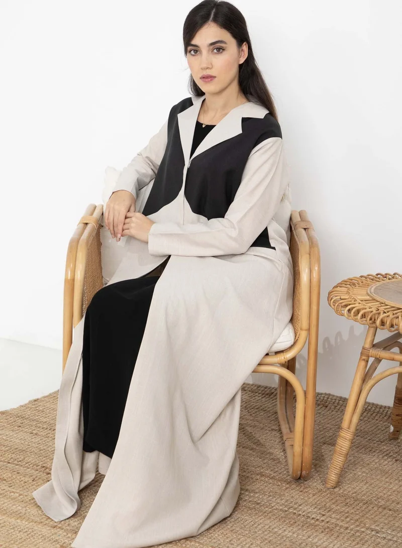 MSquare Fashion Msquare Fashion Beige Blocked Lapel Collar Melange Women's Abaya with Headscarf