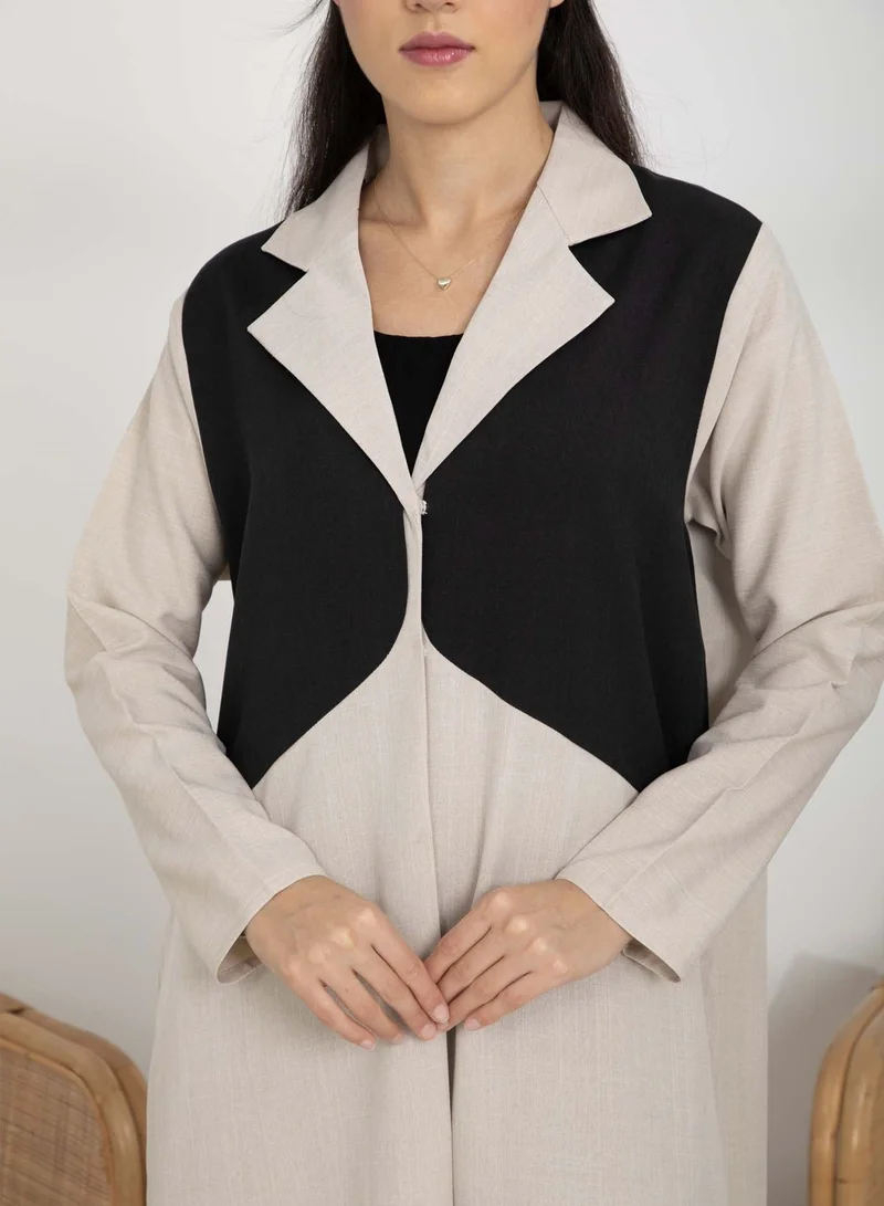 MSquare Fashion  Msquare Fashion Beige Blocked Lapel Collar Melange Women's Abaya with Headscarf for Women | Best Price UAE
