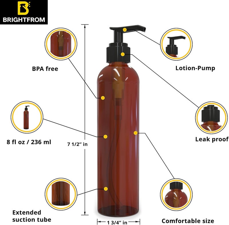 BRIGHTFROM Lotion Pump Bottles Empty 8 OZ BPAFree Refillable Plastic Containers Amber with Black Dispenser for  Soap Shampoo Lotions Liquid Body Soap Creams and Massage Oil 2 Pack - Image 2