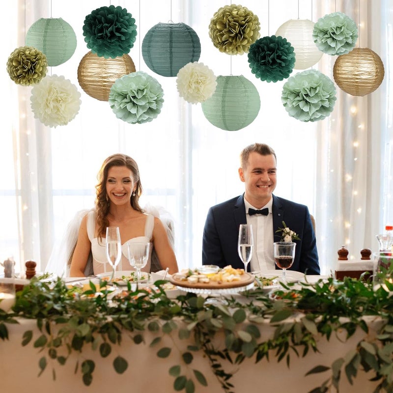 zilue Sage Green Party Decorations, Paper Lanterns and Pom Poms Flowers for Birthday Party Baby Shower Wedding Shower Decor Gold/Ivory/Sage Green 15pcs - Image 5