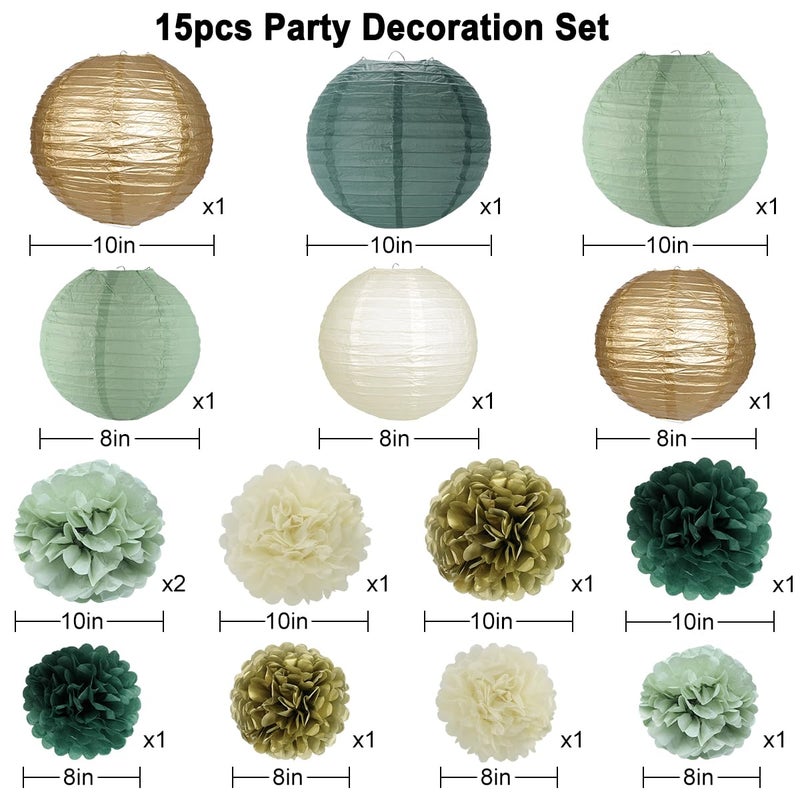 zilue Sage Green Party Decorations, Paper Lanterns and Pom Poms Flowers for Birthday Party Baby Shower Wedding Shower Decor Gold/Ivory/Sage Green 15pcs - Image 2